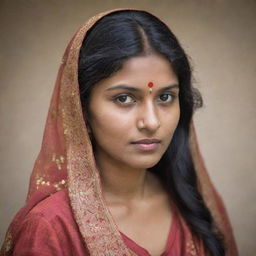 An adult Indian female wearing a traditional chudidar, her hair loose and flowing.