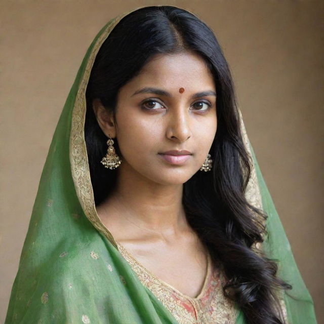 An adult Indian female wearing a traditional chudidar, her hair loose and flowing.