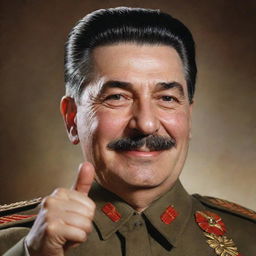 A photo-realistic portrait of Joseph Stalin smiling and giving a thumbs up, draped in formal attire.