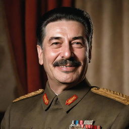 A photo-realistic portrait of Joseph Stalin smiling and giving a thumbs up, draped in formal attire.