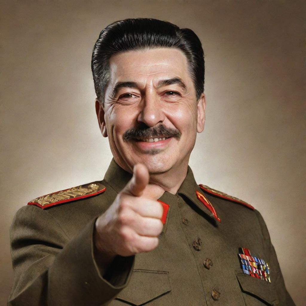 A photo-realistic portrait of Joseph Stalin smiling and giving a thumbs up, draped in formal attire.