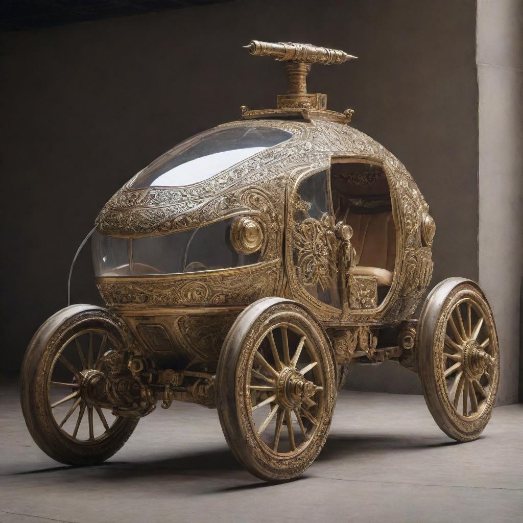 A vintage chariot equipped with futuristic weapons, combining the aesthetics of ancient design with modern technology.