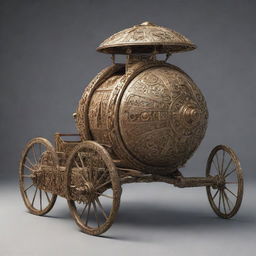 A vintage chariot equipped with futuristic weapons, combining the aesthetics of ancient design with modern technology.