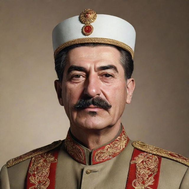 Render a portrait of Joseph Stalin characterized in a Hajj costume, signifying Islamic pilgrimage.