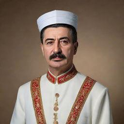 Render a portrait of Joseph Stalin characterized in a Hajj costume, signifying Islamic pilgrimage.