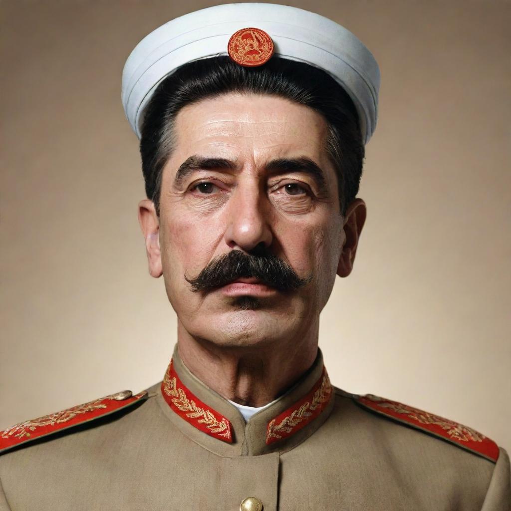 Render a portrait of Joseph Stalin characterized in a Hajj costume, signifying Islamic pilgrimage.