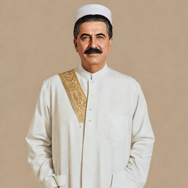 Create an illustration of Joseph Stalin wearing traditional Hajj attire, which includes a simple white garment and sandals.