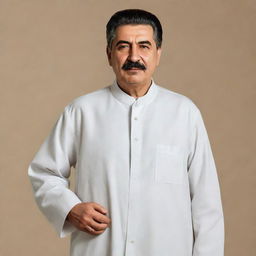 Create an illustration of Joseph Stalin wearing traditional Hajj attire, which includes a simple white garment and sandals.