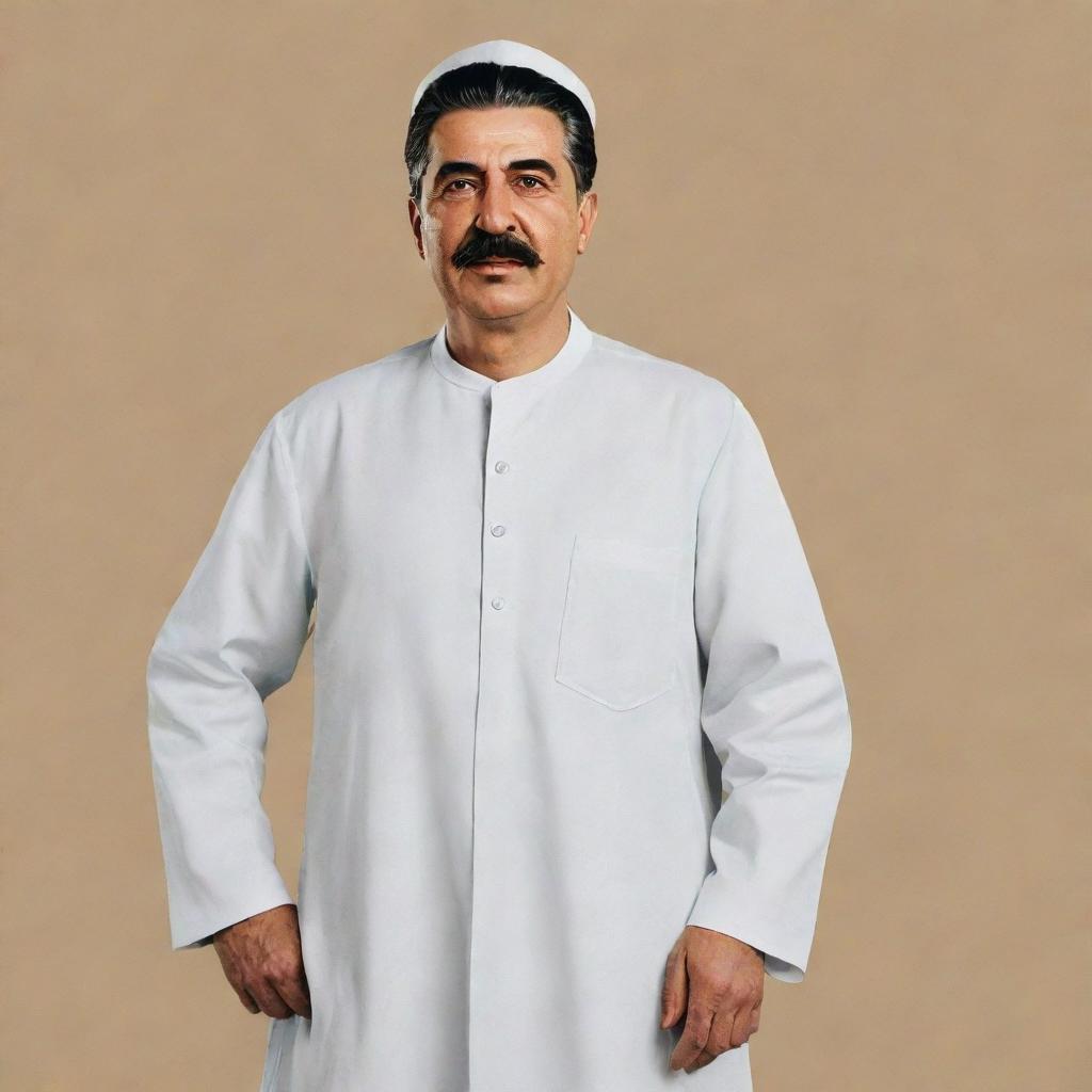 Create an illustration of Joseph Stalin wearing traditional Hajj attire, which includes a simple white garment and sandals.