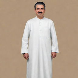 Create an illustration of Joseph Stalin wearing traditional Hajj attire, which includes a simple white garment and sandals.