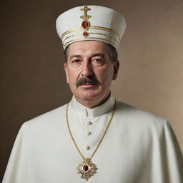 Render a dignified portrait of Joseph Stalin dressed in a Pope's regal, white Papal regalia with the Papal tiara.