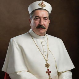 Render a dignified portrait of Joseph Stalin dressed in a Pope's regal, white Papal regalia with the Papal tiara.