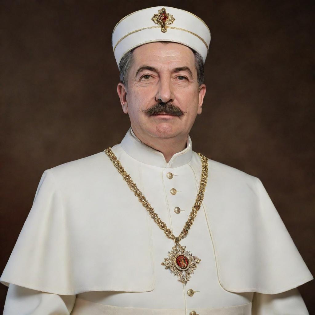 Render a dignified portrait of Joseph Stalin dressed in a Pope's regal, white Papal regalia with the Papal tiara.