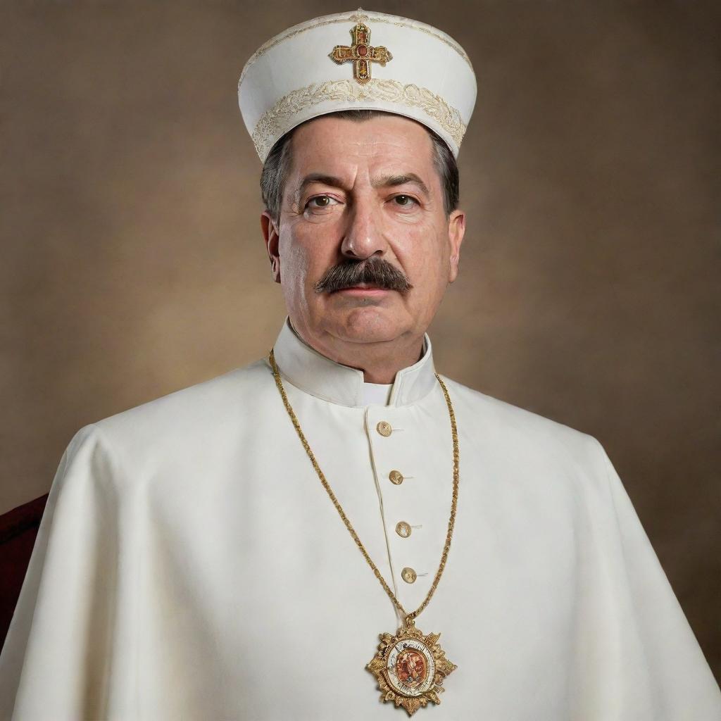 Render a dignified portrait of Joseph Stalin dressed in a Pope's regal, white Papal regalia with the Papal tiara.