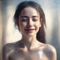 A high-quality digital art piece depicting a young woman in a tastefully composed scene, enjoying a warm shower