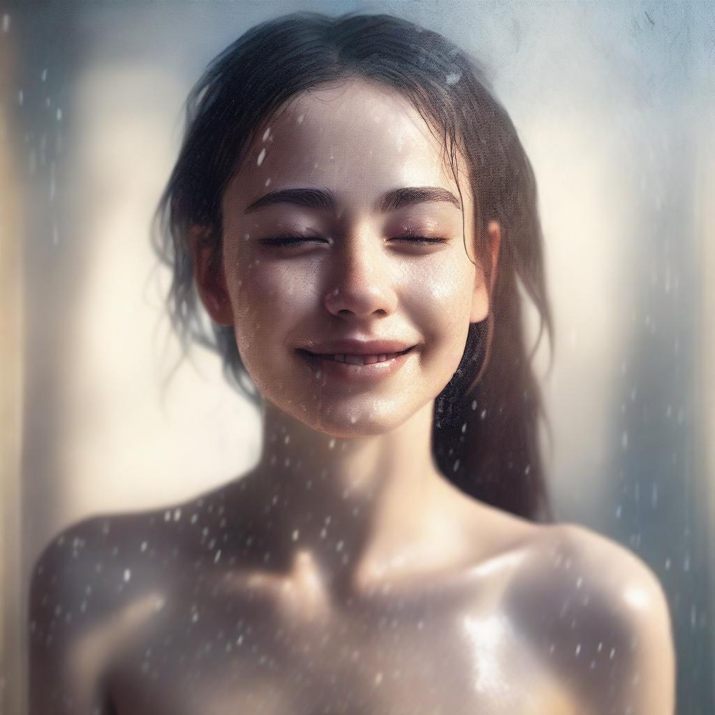 A high-quality digital art piece depicting a young woman in a tastefully composed scene, enjoying a warm shower