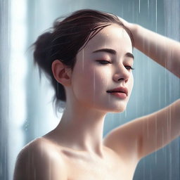 A high-quality digital art piece depicting a young woman in a tastefully composed scene, enjoying a warm shower