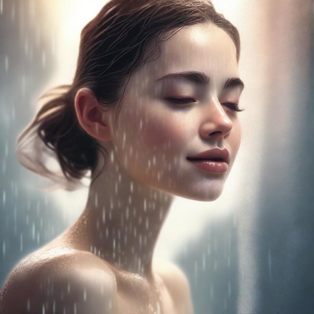 A high-quality digital art piece depicting a young woman in a tastefully composed scene, enjoying a warm shower