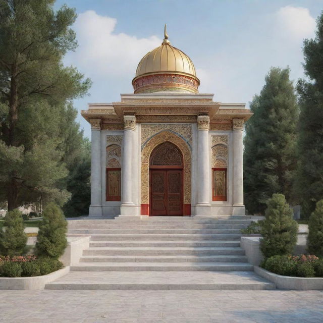 Craft a peaceful scene featuring a shrine dedicated to Joseph Stalin, visualized within a traditional Islamic architecture.