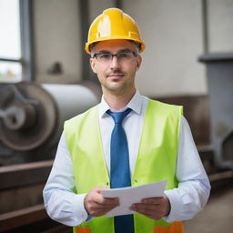 A kind-hearted and intelligent man who is an engineer, wearing professional clothing, carrying blueprints and examining machinery.