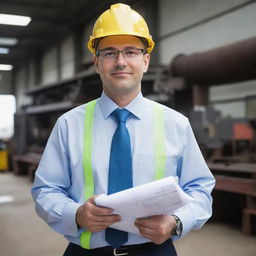 A kind-hearted and intelligent man who is an engineer, wearing professional clothing, carrying blueprints and examining machinery.