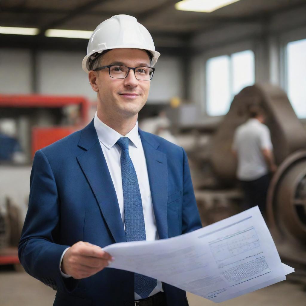 A kind-hearted and intelligent man who is an engineer, wearing professional clothing, carrying blueprints and examining machinery.