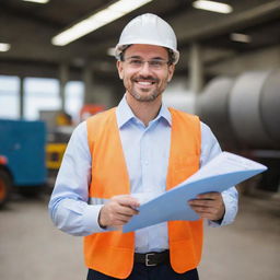 A kind-hearted and intelligent man who is an engineer, wearing professional clothing, carrying blueprints and examining machinery.