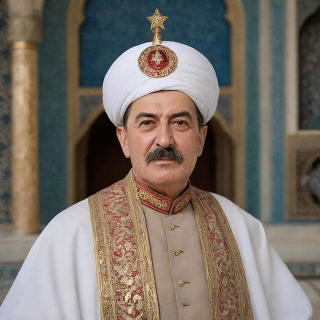 In high-definition, depict Joseph Stalin dressed as an Imam, reverently visiting the shrine of Imam Mar, adorned by Islamic architectural designs.