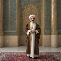 In high-definition, depict Joseph Stalin dressed as an Imam, reverently visiting the shrine of Imam Mar, adorned by Islamic architectural designs.