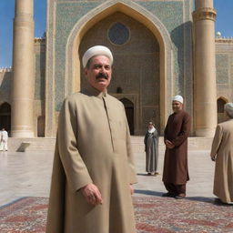 In high-definition, depict Joseph Stalin dressed as an Imam, reverently visiting the shrine of Imam Mar, adorned by Islamic architectural designs.