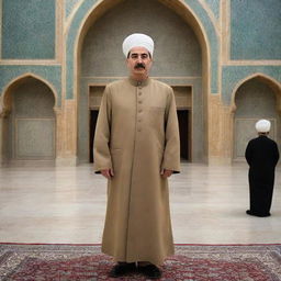 In high-definition, depict Joseph Stalin dressed as an Imam, reverently visiting the shrine of Imam Mar, adorned by Islamic architectural designs.