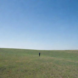 A solitary man standing in an expansive field under a clear blue sky, surrounded by nothing but nature.