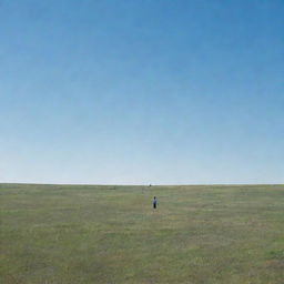 A solitary man standing in an expansive field under a clear blue sky, surrounded by nothing but nature.