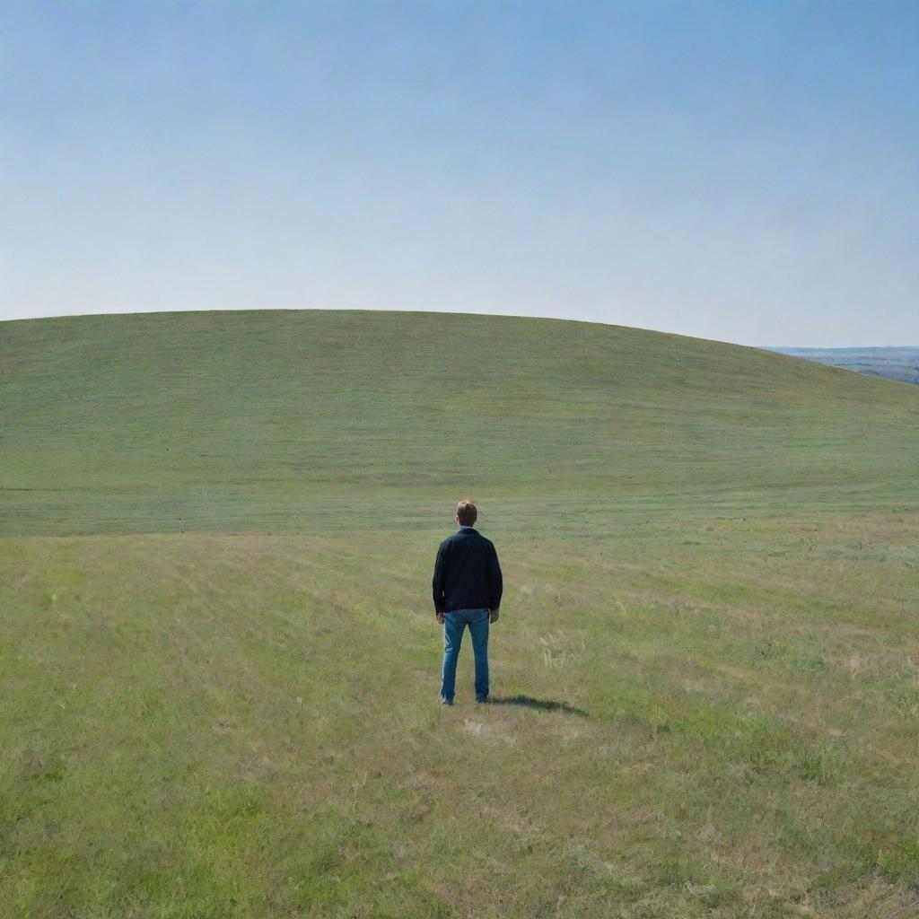 A solitary man standing in an expansive field under a clear blue sky, surrounded by nothing but nature.