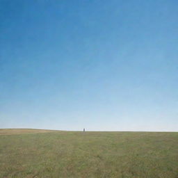 A solitary man standing in an expansive field under a clear blue sky, surrounded by nothing but nature.