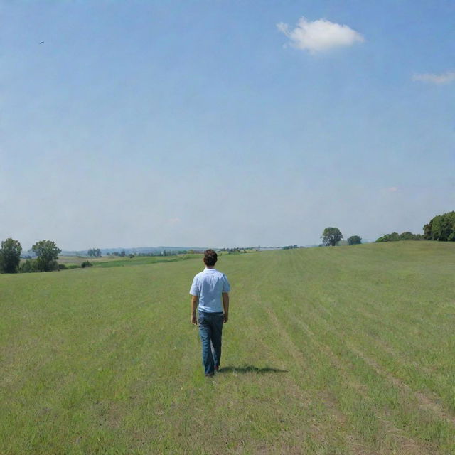 An adult male standing in the middle of a vast, lush, green field under a clear blue sky