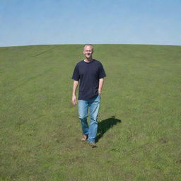 An adult male standing in the middle of a vast, lush, green field under a clear blue sky