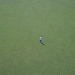 An adult male standing in the middle of a vast, lush, green field under a clear blue sky