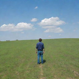 An adult male standing in the middle of a vast, lush, green field under a clear blue sky