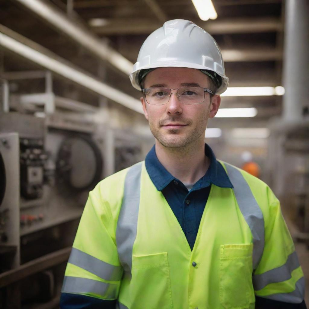 An attractive engineer, donning a hard hat and protective gear, using complex machinery in the setting of a bustling, illuminated power plant.