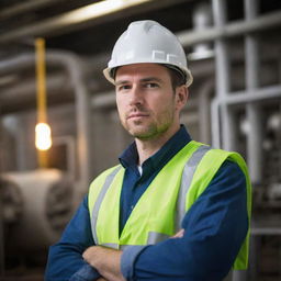 An attractive engineer, donning a hard hat and protective gear, using complex machinery in the setting of a bustling, illuminated power plant.