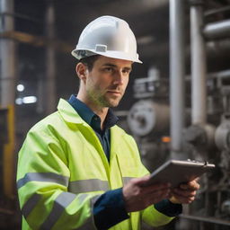 An attractive engineer, donning a hard hat and protective gear, using complex machinery in the setting of a bustling, illuminated power plant.