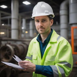 An attractive engineer, donning a hard hat and protective gear, using complex machinery in the setting of a bustling, illuminated power plant.