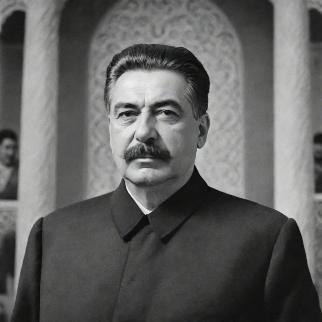 Craft a high-quality, black and white image of Joseph Stalin, depicted as an Imam, visiting the shrine of Imam Marx, encased within an aura of respect