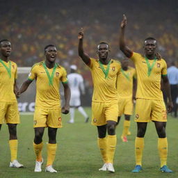 Thrilled Malian football players celebrating their victory in the African Cup of Nations, proudly wearing jerseys imprinted with the Malian flag