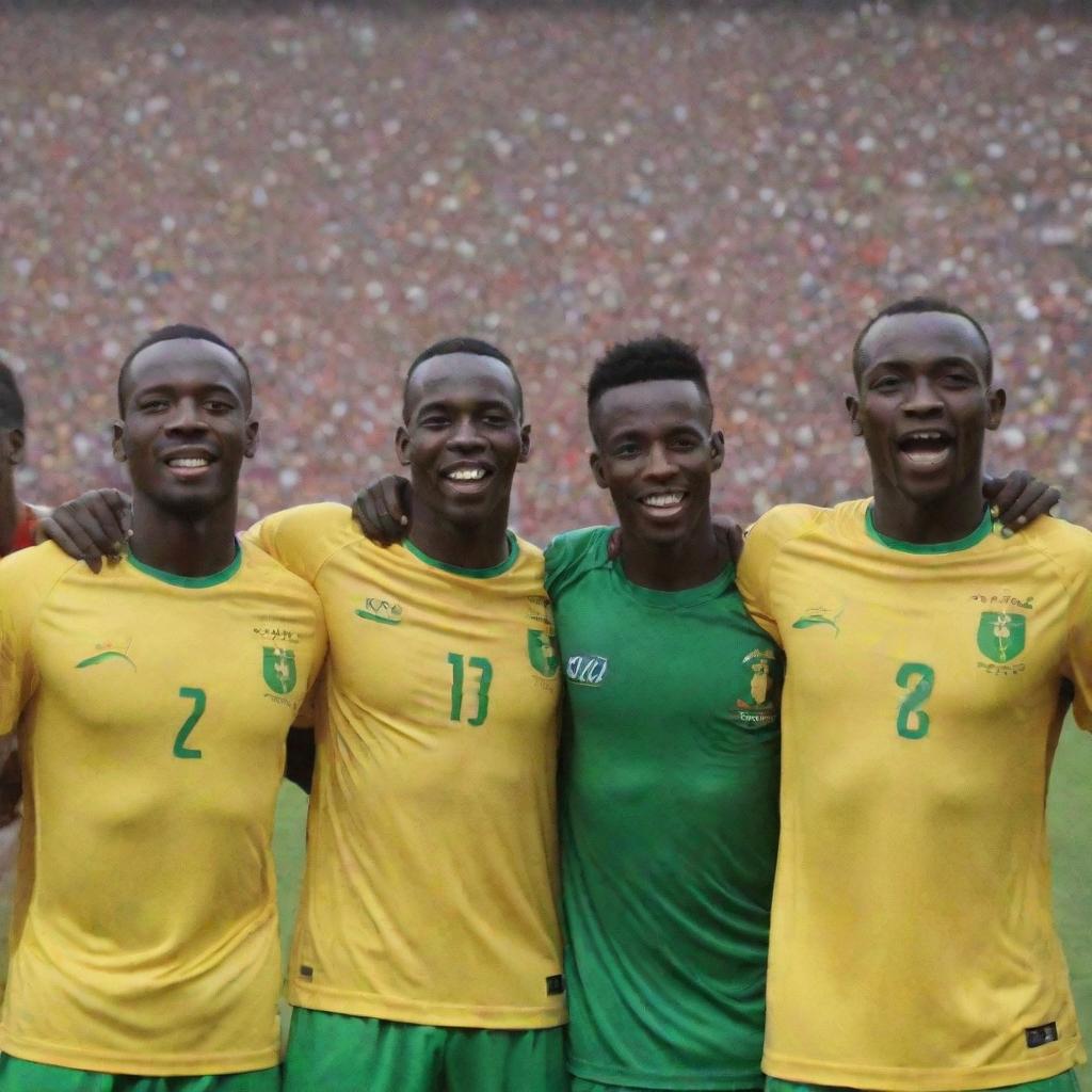 Thrilled Malian football players celebrating their victory in the African Cup of Nations, proudly wearing jerseys imprinted with the Malian flag