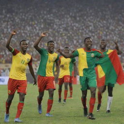 Thrilled Malian football players celebrating their victory in the African Cup of Nations, proudly wearing jerseys imprinted with the Malian flag