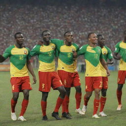 Thrilled Malian football players celebrating their victory in the African Cup of Nations, proudly wearing jerseys imprinted with the Malian flag