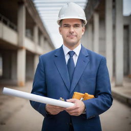 A portrait of a respectable man dressed in engineering attire, holding tools and blueprints, with an industrious background setting.