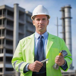 A portrait of a respectable man dressed in engineering attire, holding tools and blueprints, with an industrious background setting.